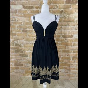 Cache Black Spaghetti Strap Dress with Gold Embellishments and Rhinestones